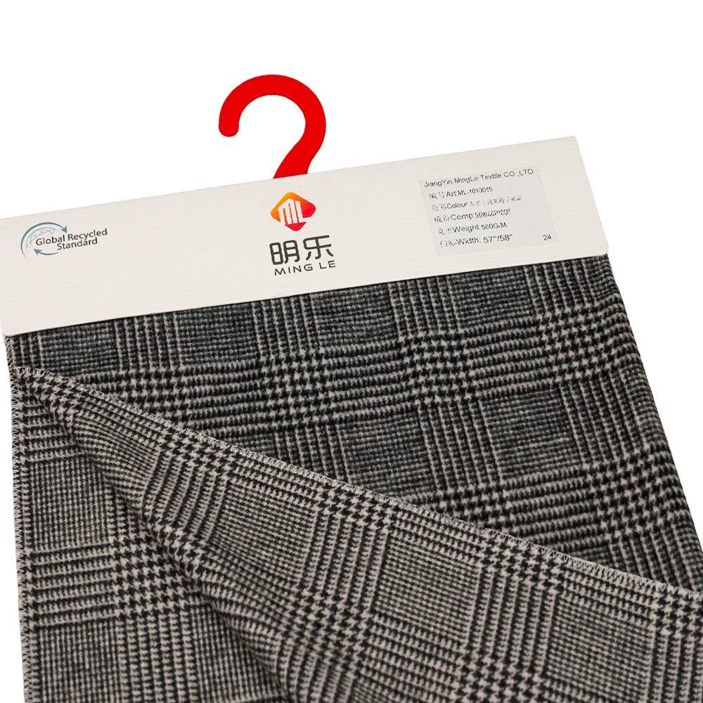 50% Uld, 40% Polyester, 10% Andre Fiber, 560G/M, Sort + Lysegrå, Plaid Single-Face Overcoating Uldstof, ML-1010015