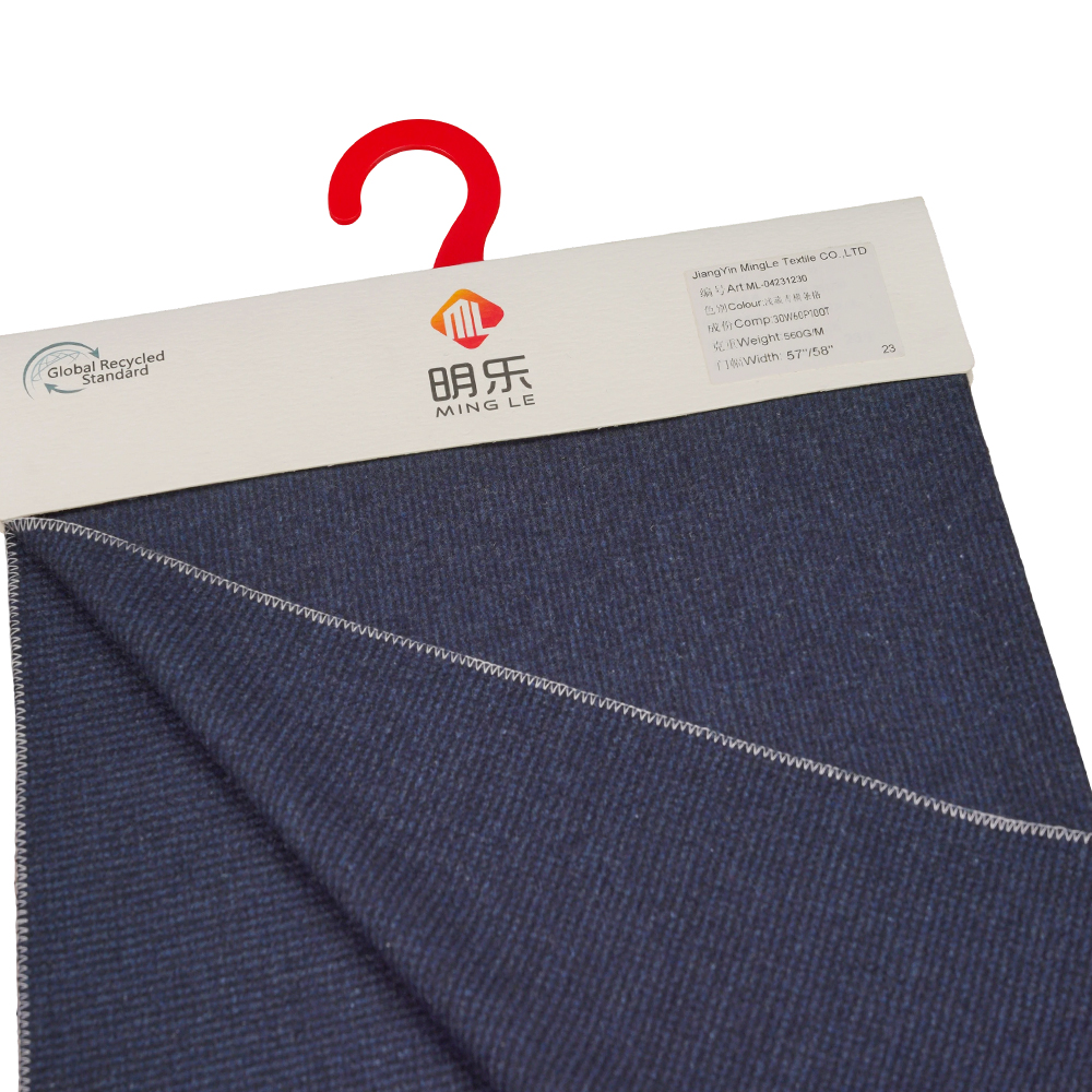 30 % uld, 60 % polyester, 10 % andre fibre, 560G/M, Benzhiqing + blågrøn, vandret stribet tweedstof, ML-04231230